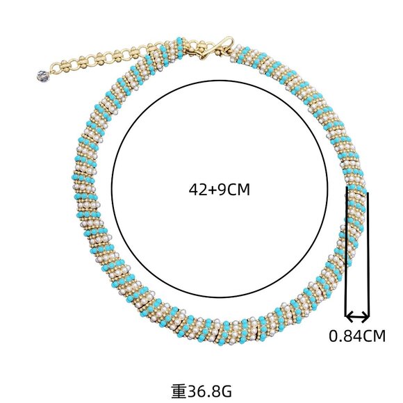 Beaded Snake Chain Necklace - Faux Pearl & Turquoise Blue Statement! - Picture 4 of 4